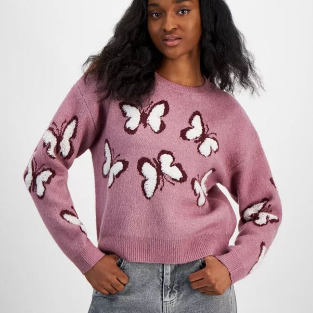 Hooked Up by IOT Juniors' “It Girl” Sweater NWT Valerian Butterfly Pink Graphic